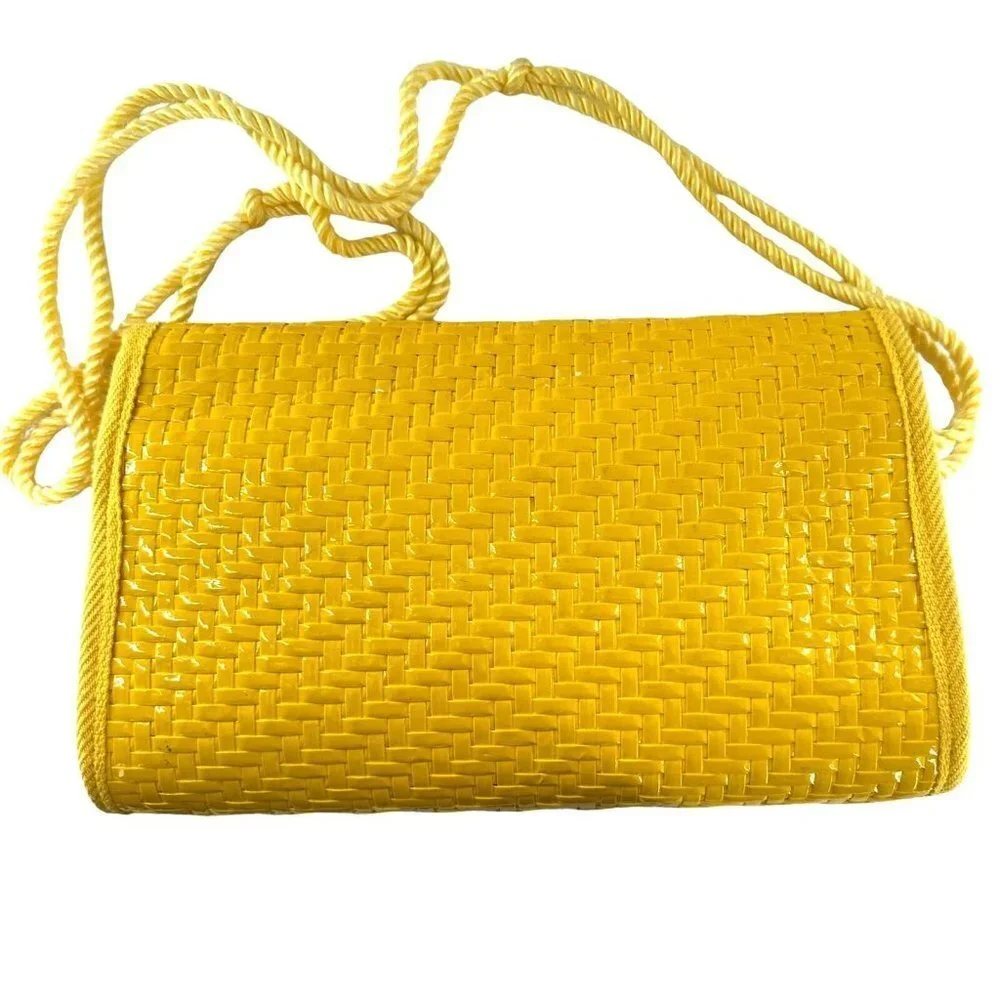 Vintage 90's Lord & Taylor Bright Yellow Woven Wicker Shoulder Bag Crossbody Y2K